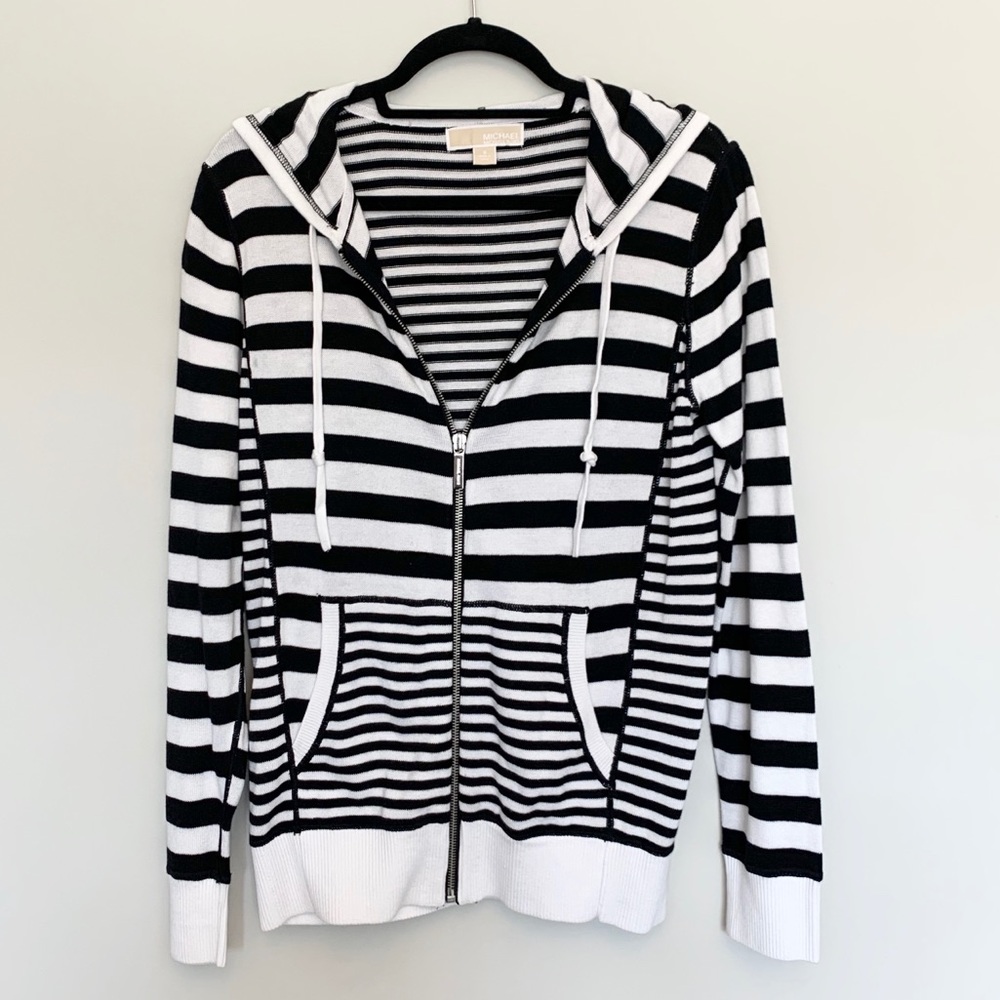 Michael Kors Black & White Striped Zip Up w/ Hood